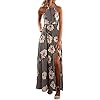 ZESICA Women's Halter Neck Floral Print Backless Split Beach Party Maxi Dress,Grey,Small
