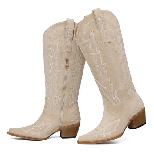 Image of mikarka Western Cowboy Boots for Women Cowgirl Knee High Boots Pointed Toe Chunky Heel Faux Leather & Suede Vintage Classic Tall Boots