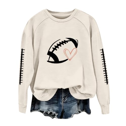 Womens Rugby Heart Sweatshirt Long Sleeve Game Day Crewneck Jumper Beige