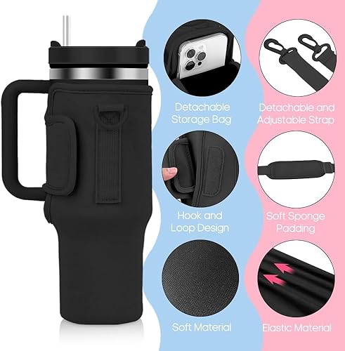 Image of MTROYALDIA Water Bottle Carrier Bag with Pouch Compatible with 40oz Tumbler with Handle, Water Bottle Pouch for Quencher H2.0 Flow State, 40 oz Tumbler (Black)