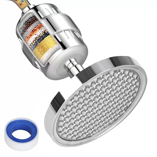 Rzspher 15 Stufen Duschkopf Wasserfilter Duschfilter Kalk mit Kopfbrause Regendusche, mit Vitamin C - Wasserfilter Dusche zur Entfernung von Chlor und Fluorid,Inklusive 2 Aufsätze