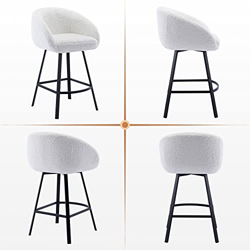 Zesthouse Upholstered Counter Height Bar Stools Set Of 2, 360 Free Swivel Counter Stools Chairs With Back, 26 Inches Modern Sherpa Kitchen Stools For Island, White #TOP3