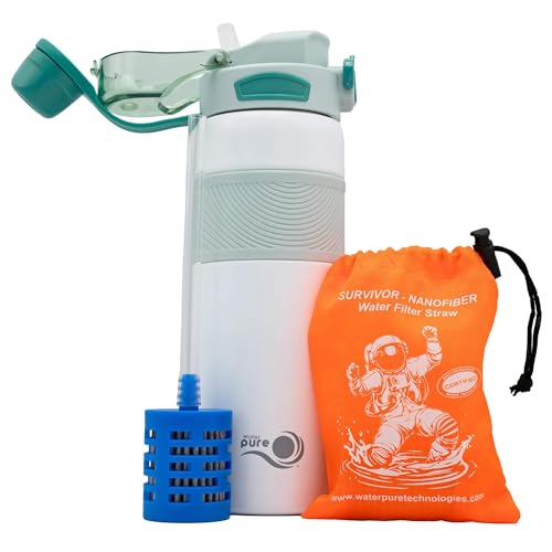Stainless Steel Insulated Water Filter Bottle with Fast Easy Flow Suction. Filtration of Nano Plastics and Microplastics, Improves Taste for Clean Water, In Emergency, Camping, Hiking, Travel, and RV