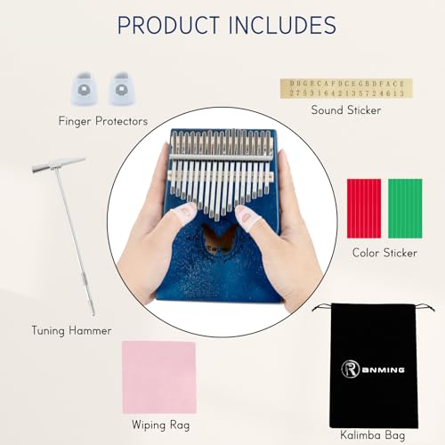 Image of RANMING 17 Key Kalimba Thumb Piano Solid Wood Mahogany Kalimba with Tuning Hammer & Study Guide Portable Mbira for Adults Unique Gift for Music Lover Blue