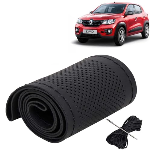 Image of KINGSWAY PU Leatherite Car Steering Cover Sewable Compatible with Renault Kwid (Year 2015-2018), Black Color with Black Thread, Pack of 1 with Sewing Needle and Thread