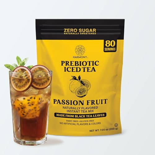 Image of Harmony Passion Fruit Prebiotic Black Iced Tea, 7.05 oz Bag, 80 Servings | Real black tea, Tropical passion fruit flavor, 80 servings per bag, Prebiotic plant fiber, 25 calories, Zero sugar