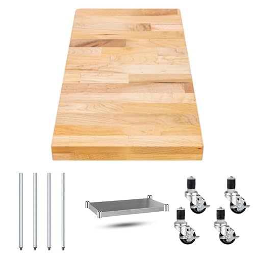 DuraSteel Butcher Block Counter Top - 24 x 12 x 34" Height with 4 Caster Wheels (2 Adjustable) - Kitchen, Side, Coffee, or Dining Table - Optional Base Leg Units, Natural Maple Slab Work Bench Top
