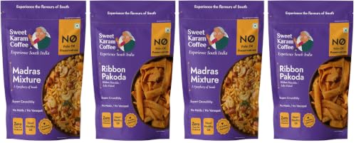 Image of Sweet Karam Coffee's South Indian Crunchy Combo Pack - Ribbon Pakoda & Special Madras Mixture | No Maida & No Vanaspati, Zero Trans Fat, Heart-healthy Oil | Authentic Taste of Tradition (95g Each)