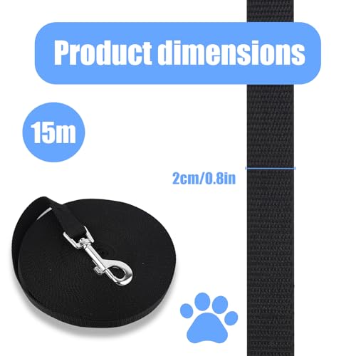 Schleppleine 15m für Hunde, 15m Hundeleine mit D-Karabiner, Wasserdicht Laufleine für Hunde, Nylon Lange Hundeleine Ausbildungsleine für Kleine bis Mittelgroße Hunde(Schwarz)