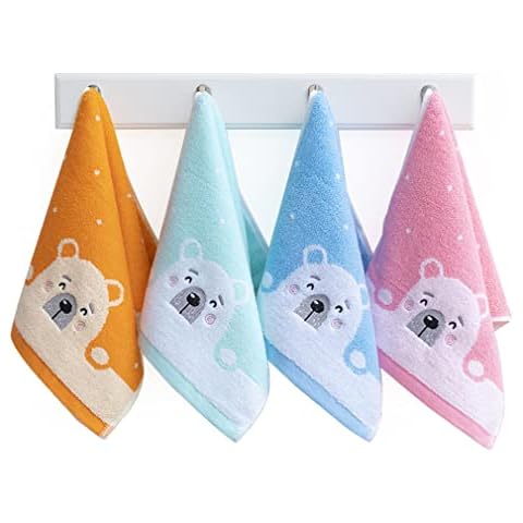 Kissvian 4 Pack Cute Cartoon Bear Pattern Hand Towels, Pure Cotton Children Bathroom Towel Animals, Kids Washcloths, Fingertip Bath Towels for Home Kitchen Bathroom Bedroom, Size 10" x 19.5" Cover