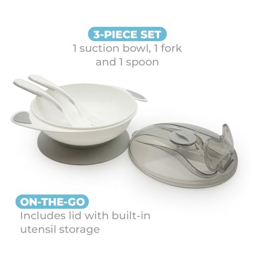 Primo Passi Baby Suction Bowl with Lid Snap-in Fork & Spoon - BPA Free First Stage Self Feeding Utensils (Grey)