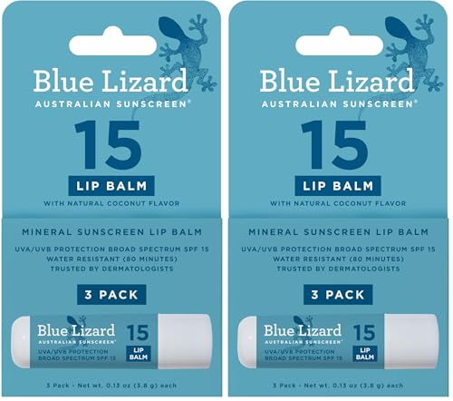 Image of BLUE LIZARD Mineral SPF 15 Lip Balm,Broad Spectrum Sun Protection,Natural Coconut Flavor,8Natural Oils,Infused with Australian KakaduPlum,Rich in Vitamin C,Vegan, EachTube 0.13 oz. 3 Count (Pack of 2)