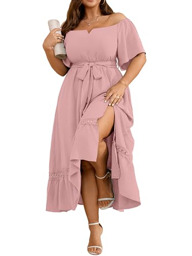 RWJ Women's Plus Size Dress for Cocktail Wedding Guest Formal V Neck Off The Shoulder Maxi Dress with Belt Pink 2XL