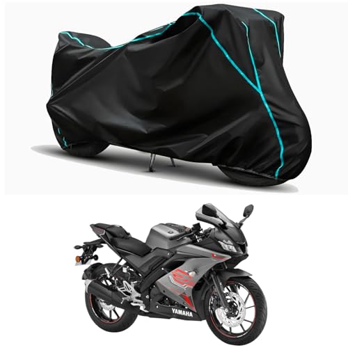 Image of Waterproof Bike Body Cover Compatible for | Yamaha R15 V4 BS6 | Taffeta Fabric, Sky Piping Design, Bottom Elastic Fit | Dustproof, Sun UV & Rain Protection for All Weather.