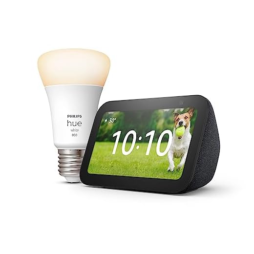 Echo Show 5 (3e génération) | Anthracite + Philips Hue White ampoule connectée (E27), Fonctionne avec Alexa - Kit de démarrage Maison connectée