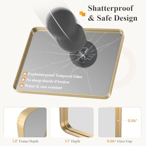 Image of Sweetcrispy Bathroom Wall Mirror, 32x24 Inch Wall Mount Mirror for Over Sink, Modern Rounded Rectangle Vanity Mirrors with Matte Metal Framed, for Home Decor, Living Room, Bedroom, Gold