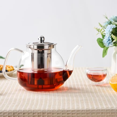 Image of PARACITY Glass Teapot Stovetop 34 OZ, Borosilicate Clear Tea Kettle with Removable 18 /8 Stainless Steel Infuser, Teapot Blooming and Loose Leaf Tea Maker Tea Brewer for Camping, Travel
