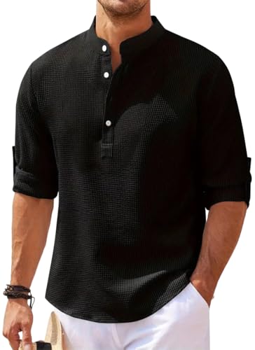 PADOLA Camisa Hombre Verano de Algodón T-Shirt Henley Suelta Manga Larga Regular Respirable Textura de Piña(Negro,S)