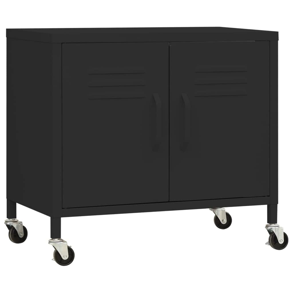 Armario de taller de acero negro 60 x 35 x 56 cm con 4 ruedas y estante ajustable, solución de almacenamiento robusta para exterior y oficina para jardín, balcón y oficina en casa