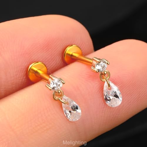 Melighting 14K Solid Gold Dangle Helix Earring Titanium Threadless Push In Earring 16G Gold Flat Back Earring 6/8 mm Cartilage Earring Conch Piercing Jewelry2