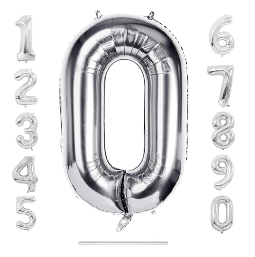 0-9 Giant Silver 32"/80cm Self Inflate Or Helium Staw Inc Happy Birthday Balloon Numbers Mylar Foil Kids Party Large Decoration Age 1 2 3 4 5 6 7 8 9 0 (Number 0)