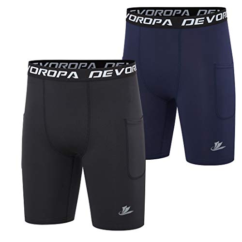 DEVOROPA Youth Boys Compression Shorts Performance Athletic Base Layers Workout Training Underwear Side Pocket Black/Navy S (Pack of 2)