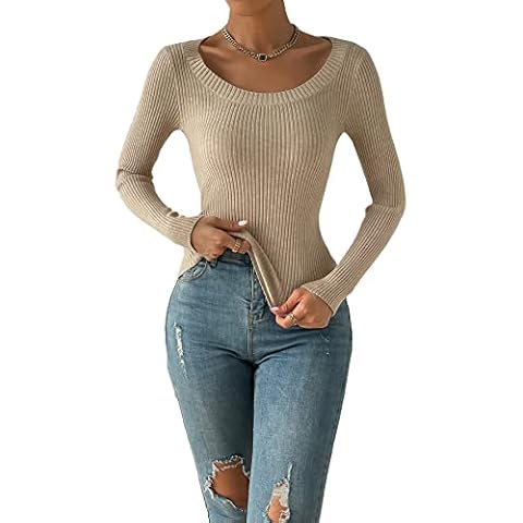 GORGLITTER Women's Scoop Neck Ribbed Knit Sweater Pullover Tops Long Sleeve Slim Fit Casual Tee T Shirts Khaki S Cover