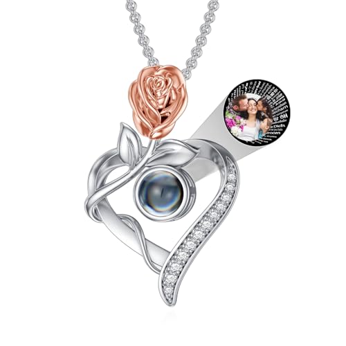SOULMEET Personalized White Gold/Silver 100 Languages I Love You Projection Necklace Custom Picture Projection Pendant Gifts for Women Mom Wife on Christmas Valentine Mothers Day