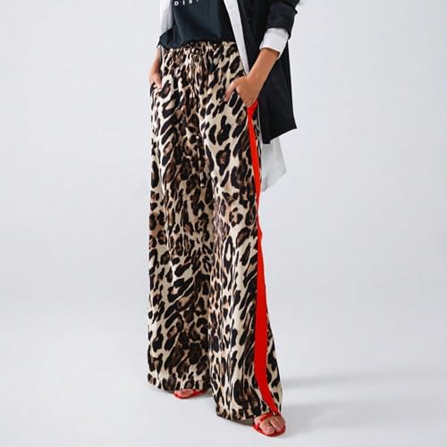 Leopard Pants Women Drawstring High Waisted Side Striped Wide Leg Pants Streetwear Cheetah Print Pants with Pockets3