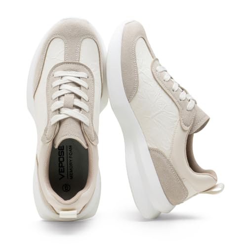 Image of Vepose Women's Retro Platform Sneakers Lightweight Lace Up Walking Shoes | Designer dressy sneakers with memory foam cushioning, grippy sole, and stylish woven or PU looks for work, travel, errands