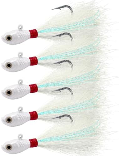 Alwonder 5-Pack Bucktail Jigs Hair Jigs Saltwater Freshwater Fishing Bucktail Lures Surf Fishing Jig Heads Swimbait Jig for Bass Flounder Striper Bluefish Halibut Redfish, White 1/4oz