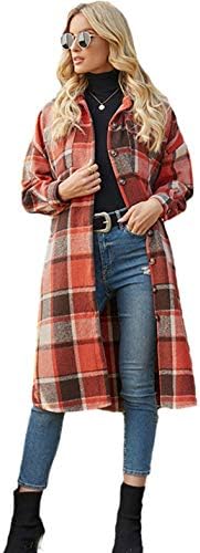 PUWEI Women's Casual Lapel Button Down Long Plaid Shirt Coat Tartan Shacket Jacket(1370-OrangeRed-L)