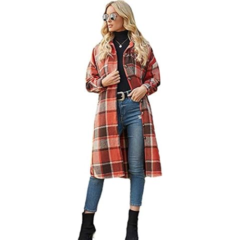 Omoone Women's Button Up Woolen Long Plaid Trench Coat Brushed Check Shirt Jacket, Orange Red, XL Cover