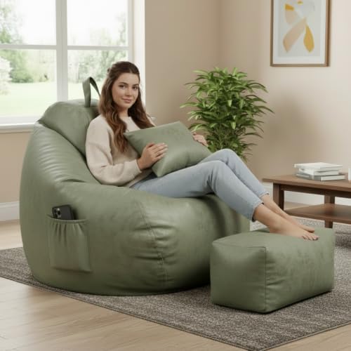 Image of 5XL Suede Bean Bag Chair with Footrest & Cushion | Filled with High Density Polystyrene Beans | Premium Soft Fabric | Teardrop Design with Handle | Ready to Use Color- (GREEN, Bean Bag Set)
