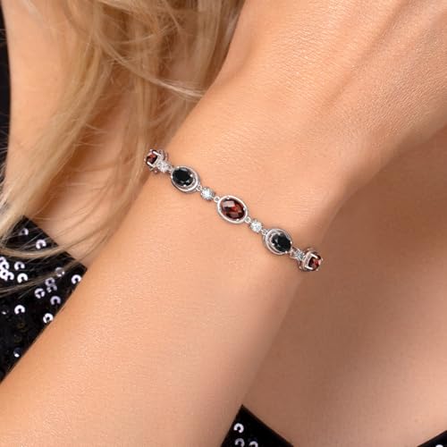 Gem Stone King 925 Sterling Silver Red Garnet and Black Sapphire and Moissanite Tennis Bracelet For Women | 5.20 Cttw | Gemstone January Birthstone | Oval Checkerboard 7X5MM | Fully Adjustable 10 Inch4
