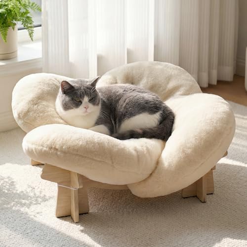 Veehoo Modern Elevated Flower Cat Bed with Washable Fluffy Cushion for Indoor Cats & Small Dogs Wooden Raised Pet Couch Sofa Cozy Lounge Chair Suitable for Puppy Cat Furniture