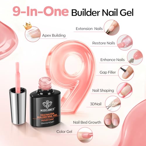 Image of modelones Builder Nail Gel, Peach Pink Builder for Nails No Top Coat Needed, Glossy Jelly Finish Peach Blush, No-Wipe, C-Curve Sculpting, 9-in-One LED Lamp Cured Color Gel Polish for Quick Diy Salon