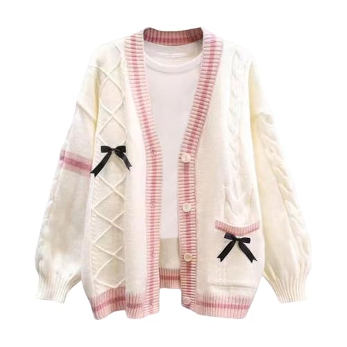 Image of ebossy Womens Kawaii Cute Bowknot Cable Knit Cardigans Sheep V Neck Button Down Slouchy Preppy Wool Blend Sweater Coat