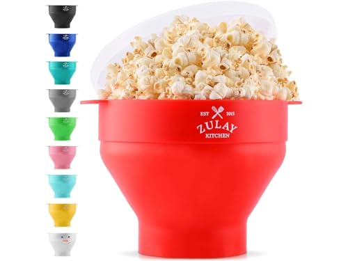 Zulay Microwave Popcorn Popper Bowl Maker with Lid - Collapsible, BPA-Free Silicone, Dishwasher Safe, Wide Spacious Size, No Oil Needed - Family Movie Night Supplies - Red