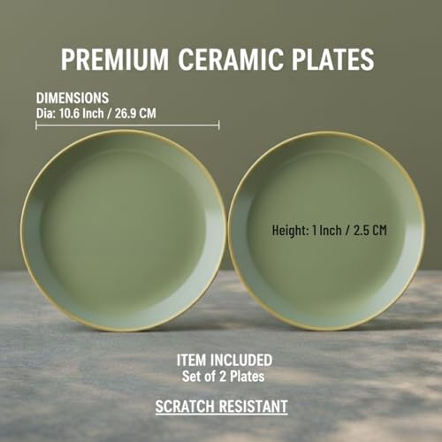 Image of Freakway Pista Green Stoneware Premium Reactive Glaze Dinner Plates with Gold Rim - 10.6 Inch, Sage Green, Set of 2 | Scratch Resistant & Microwave Safe