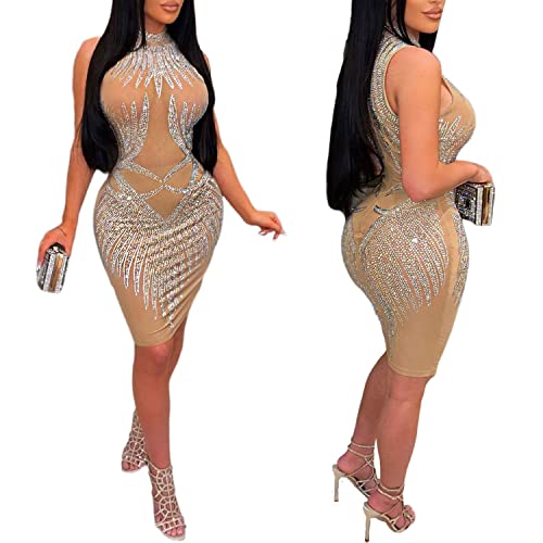 Image of PORRCEY Women's Sexy Hot Drilling Craft Dress Sleeveless Bodycon Party Club Night Out Dress(K2362,Beige,L)