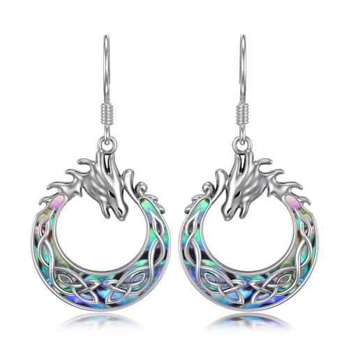 WINNICACA Dragon Earrings Sterling Silver Dragon Dangle Drop Earrings Abalone Shell Celtic Dragon Jewelry Dragon Gifts for Women Birthday Christmas