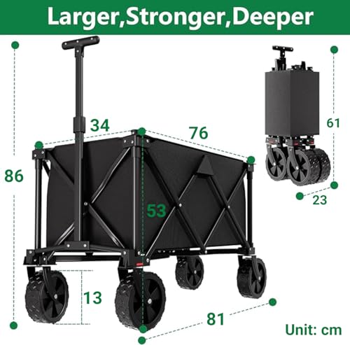BEAU JARDIN Heavy Duty Folding Wagon Cart 200L 150KG Capacity - All Terrain Utility Trolley for Camping, Beach, Picnic & Garden | Push Pull Handle | Compact Foldable Design | Black