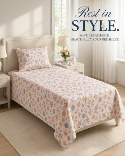 Image of VAS COLLECTIONS 240 TC Premium Cotton Single Bedsheet, Soft Breathable Comfortable Floral Printed Bed Sheet, Elegant Durable Bedding for Bedroom, Easy Care Single Bed Cover,60 x 90 Inches - Pearl