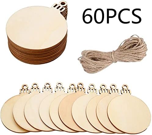 YNOUU 60 PCS Rustic Wooden Bauble Hanging Decor Christmas Wedding Party DIY Craft Bunting Decoration (round)