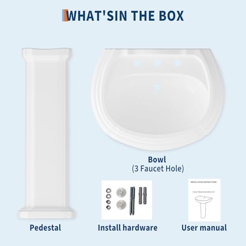 26"W x 20"D U-Shape Pedestal Sink, White Ceramic Pedestal Bathroom Sink with Overflow and 3 Pre-Drilled Holes, Modern Bath Pedestal Sink Combo