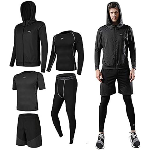 Lachi Sportkleidung für Herren, 5-teiliges Set, Kompressionskleidung mit Shorts, für Fitnessstudio oder Laufen, grau, Größe M Cover