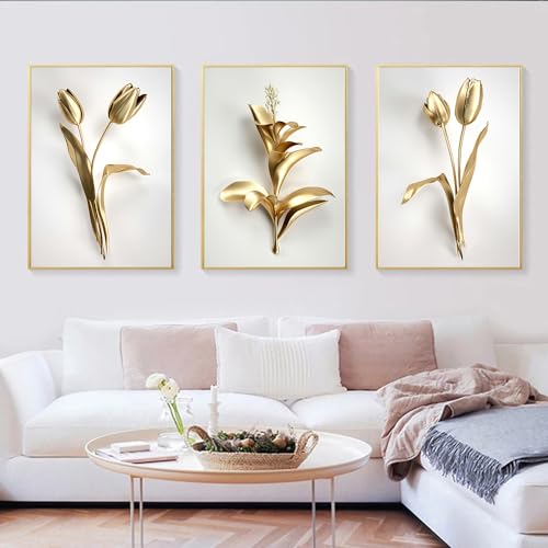 Póster de lujo ligero para salón y oficina juego de 3 lienzos florales dorados 50x75cm