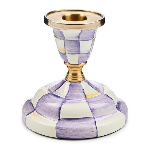 MACKENZIE-CHILDS Enamel Candlestick, Candle-Holder Decor, Short, Purple-and-White Violet Check