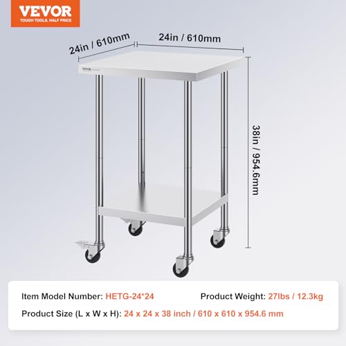 Image of VEVOR Stainless Steel Work Table 24 x 24 x 38 Inch, 700 LBS Load Capacity with 4 Wheels, 3 Adjustable Height Levels, Heavy Duty Food Prep Worktable for Commercial Kitchen Restaurant, Silver